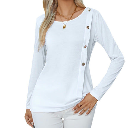Womens Casual Long Sleeve Tunic Tops Fashion Side Button Deco Loose Crewneck T Shirts