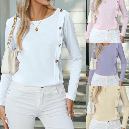 Womens Casual Long Sleeve Tunic Tops Fashion Side Button Deco Loose Crewneck T Shirts