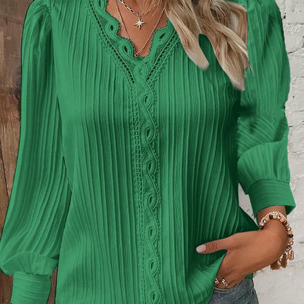Women's Puff Long Sleeve Lace V-Neck Blouse Casual Loose T-Shirt Top