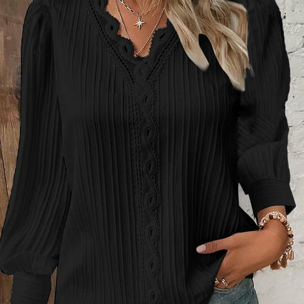 Women's Puff Long Sleeve Lace V-Neck Blouse Casual Loose T-Shirt Top