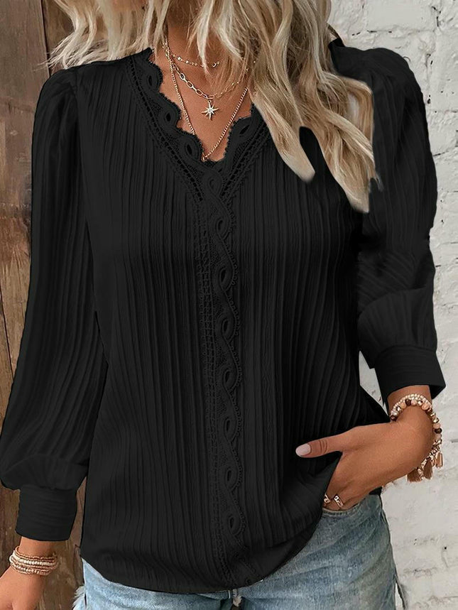 Women's Puff Long Sleeve Lace V-Neck Blouse Casual Loose T-Shirt Top