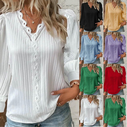 Women's Puff Long Sleeve Lace V-Neck Blouse Casual Loose T-Shirt Top