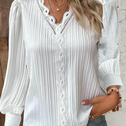 Women's Puff Long Sleeve Lace V-Neck Blouse Casual Loose T-Shirt Top