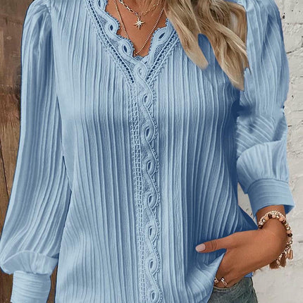 Women's Puff Long Sleeve Lace V-Neck Blouse Casual Loose T-Shirt Top