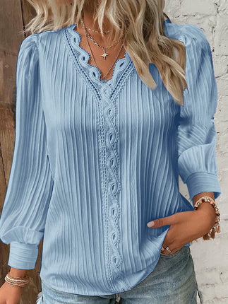 Women's Puff Long Sleeve Lace V-Neck Blouse Casual Loose T-Shirt Top