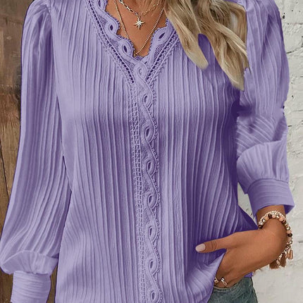 Women's Puff Long Sleeve Lace V-Neck Blouse Casual Loose T-Shirt Top