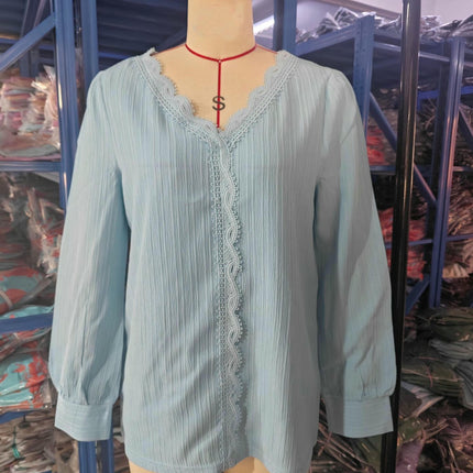Women's Puff Long Sleeve Lace V-Neck Blouse Casual Loose T-Shirt Top