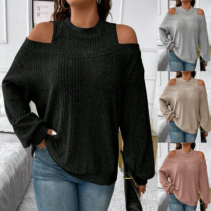 Women's Crew Neck Long Sleeve Sweater Cold Shoulder Casual Lightweight Knit Tops