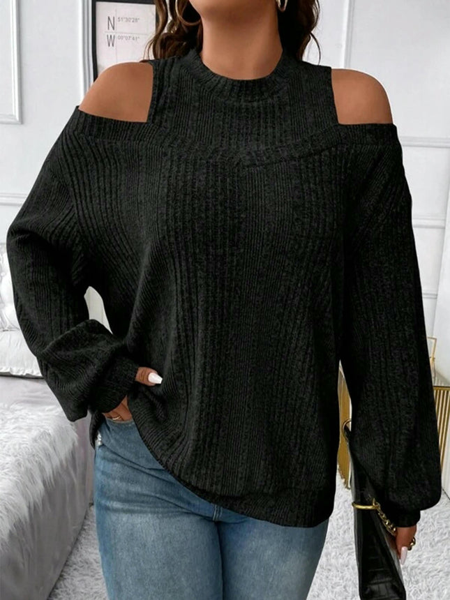 Women's Crew Neck Long Sleeve Sweater Cold Shoulder Casual Lightweight Knit Tops
