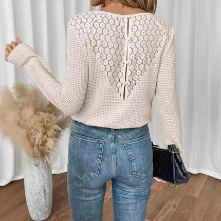 Women's Lace Crochet Long Sleeve Shirts Patchwork Solid Elegant Tops