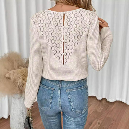 Women's Lace Crochet Long Sleeve Shirts Patchwork Solid Elegant Tops