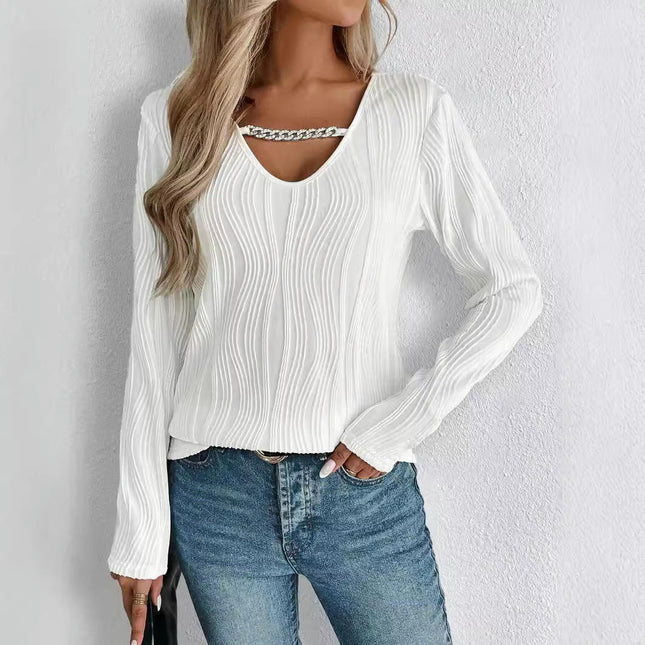 Women's Dressy Casual Blouse V Neck Long Sleeve V-Neck Textured Tops