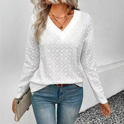 Womens Long Sleeve V-Neck Blouses Dressy Casual T-Shirts Eyelet Tunic Tops