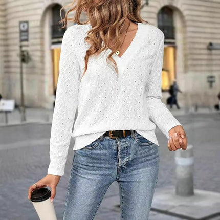 Womens Long Sleeve V-Neck Blouses Dressy Casual T-Shirts Eyelet Tunic Tops