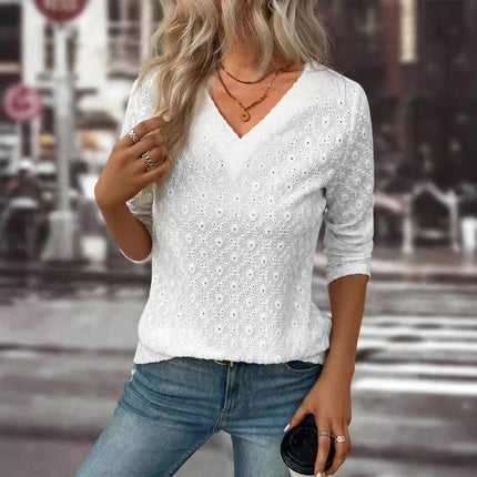 Womens Long Sleeve V-Neck Blouses Dressy Casual T-Shirts Eyelet Tunic Tops