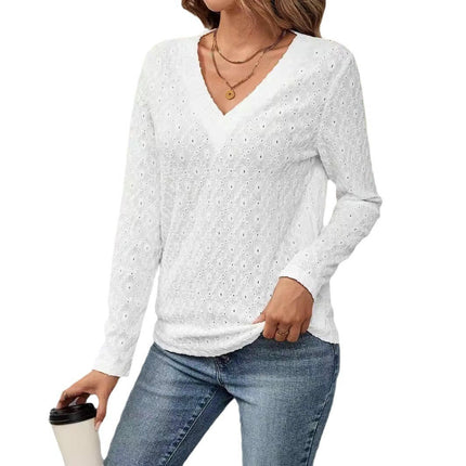 Womens Long Sleeve V-Neck Blouses Dressy Casual T-Shirts Eyelet Tunic Tops