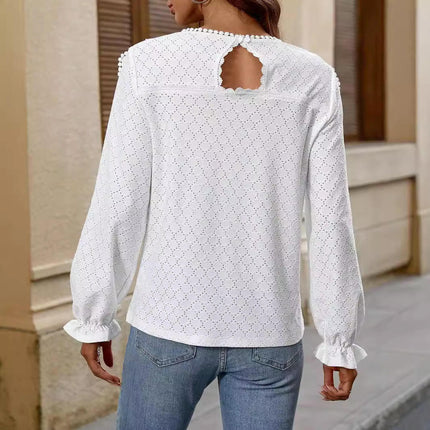 Women Eyelet Long Sleeve Tops Shirts Crew Neck Dressy Blouses