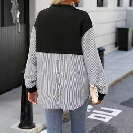 Womens Striped T-Shirts Crew Neck Long Sleeve Color Block Casual Loose Tops