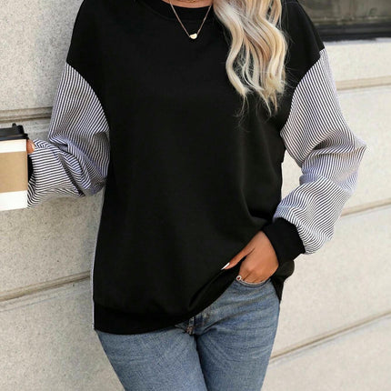 Womens Striped T-Shirts Crew Neck Long Sleeve Color Block Casual Loose Tops