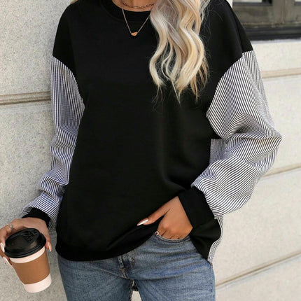 Womens Striped T-Shirts Crew Neck Long Sleeve Color Block Casual Loose Tops