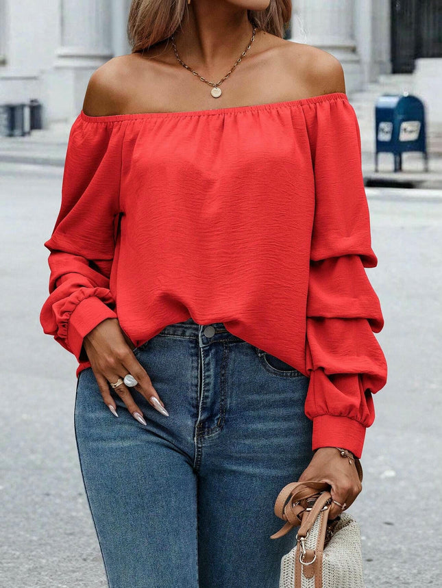 Women's Off Shoulder Ruched Long Sleeve Blouse Casual Loose Going Out Tops