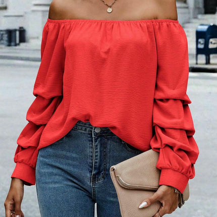 Women's Off Shoulder Ruched Long Sleeve Blouse Casual Loose Going Out Tops