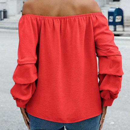 Women's Off Shoulder Ruched Long Sleeve Blouse Casual Loose Going Out Tops