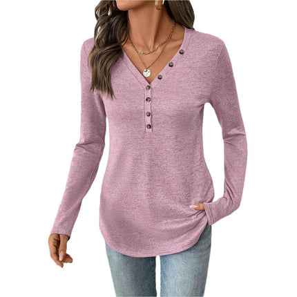 Women's Long Sleeve Shirts Button V Neck Tunic Tops Slim Fit Casual Knit Blouse