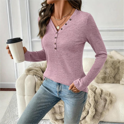 Women's Long Sleeve Shirts Button V Neck Tunic Tops Slim Fit Casual Knit Blouse