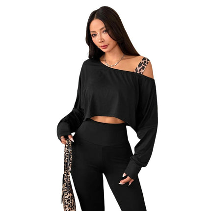Women's Long Sleeve Loose Crop Tops Casual Cold Shoulder Blouse Shirts