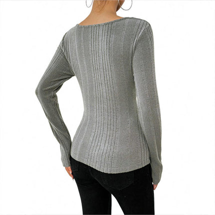 Women's Ribbed Long Sleeve Ruched Shirts Crew Neck Slim Fit Casual Knit Tops