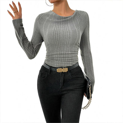 Women's Ribbed Long Sleeve Ruched Shirts Crew Neck Slim Fit Casual Knit Tops