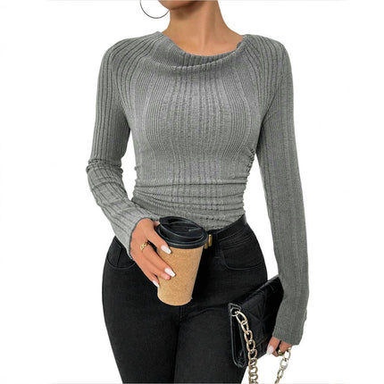 Women's Ribbed Long Sleeve Ruched Shirts Crew Neck Slim Fit Casual Knit Tops