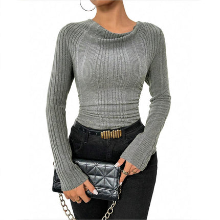 Women's Ribbed Long Sleeve Ruched Shirts Crew Neck Slim Fit Casual Knit Tops