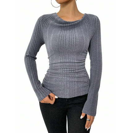 Women's Ribbed Long Sleeve Ruched Shirts Crew Neck Slim Fit Casual Knit Tops
