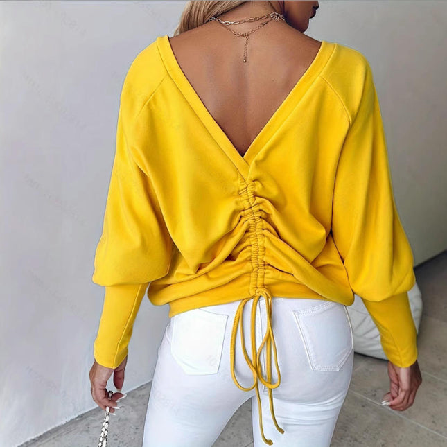 Womens Long Sleeve V Neck Tops Drawstring Ruched Loose Casual Shirts