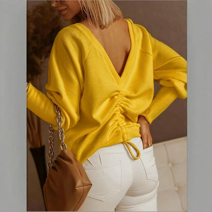 Womens Long Sleeve V Neck Tops Drawstring Ruched Loose Casual Shirts