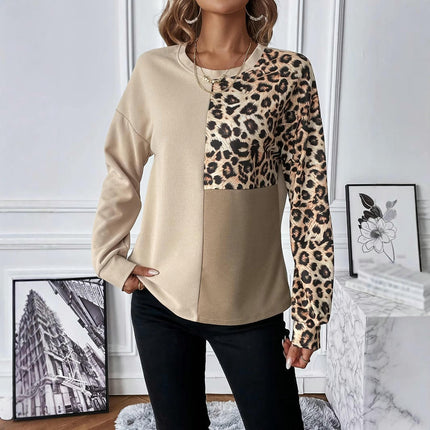 Women's Leopard Print Patchwork Color Block T Shirts Crew Neck Long Sleeve Tunic Tops