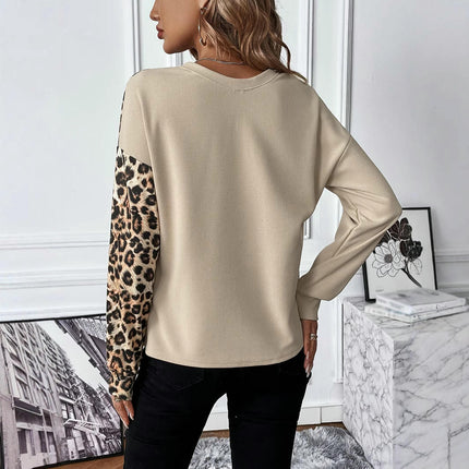 Women's Leopard Print Patchwork Color Block T Shirts Crew Neck Long Sleeve Tunic Tops