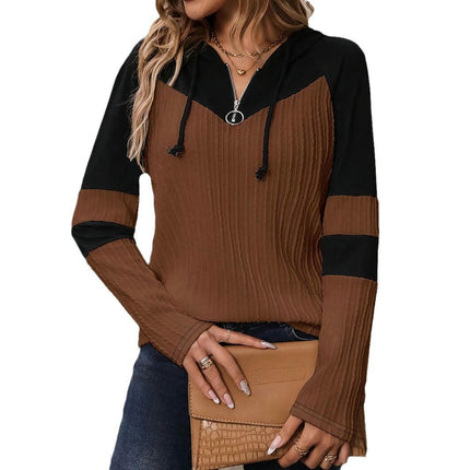 Women's Color Block Drawstring Hooded Tee Top Half Zipper Long Sleeve T Shirts