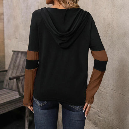 Women's Color Block Drawstring Hooded Tee Top Half Zipper Long Sleeve T Shirts