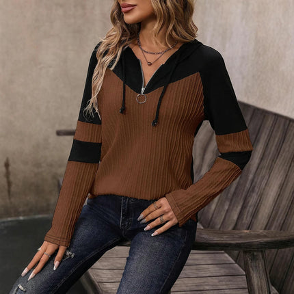 Women's Color Block Drawstring Hooded Tee Top Half Zipper Long Sleeve T Shirts