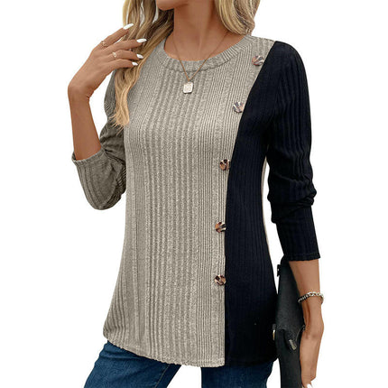 Long Sleeve Tunic Tops for Women Color Block Buttons Slit Lightweight Sweaters
