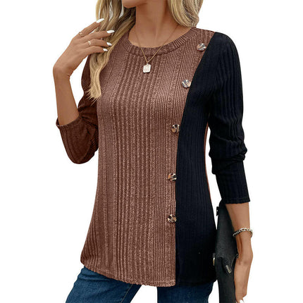 Long Sleeve Tunic Tops for Women Color Block Buttons Slit Lightweight Sweaters