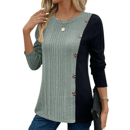 Long Sleeve Tunic Tops for Women Color Block Buttons Slit Lightweight Sweaters