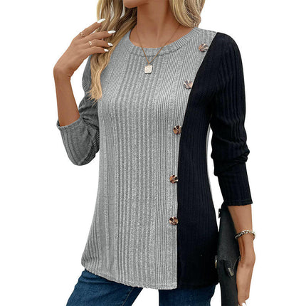 Long Sleeve Tunic Tops for Women Color Block Buttons Slit Lightweight Sweaters