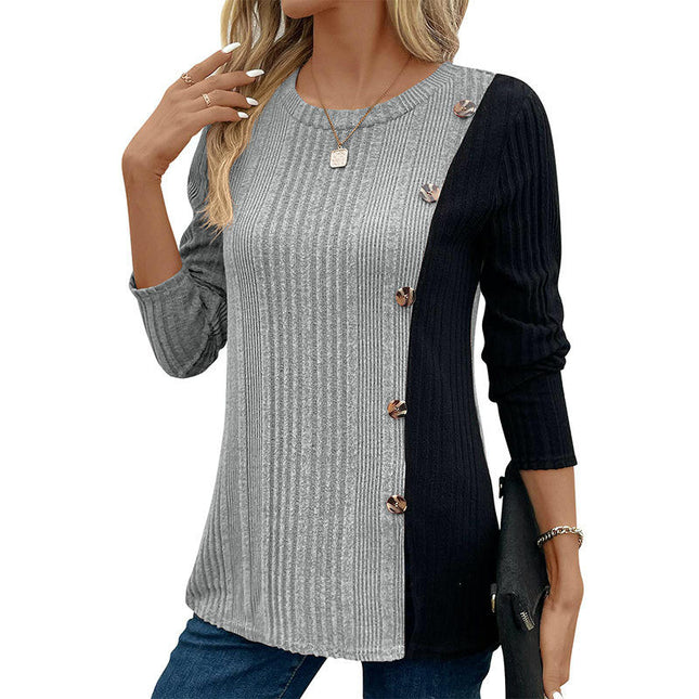Long Sleeve Tunic Tops for Women Color Block Buttons Slit Lightweight Sweaters