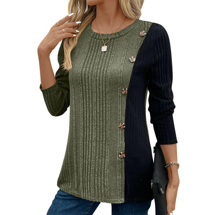 Long Sleeve Tunic Tops for Women Color Block Buttons Slit Lightweight Sweaters