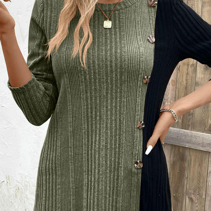 Long Sleeve Tunic Tops for Women Color Block Buttons Slit Lightweight Sweaters