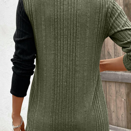 Long Sleeve Tunic Tops for Women Color Block Buttons Slit Lightweight Sweaters